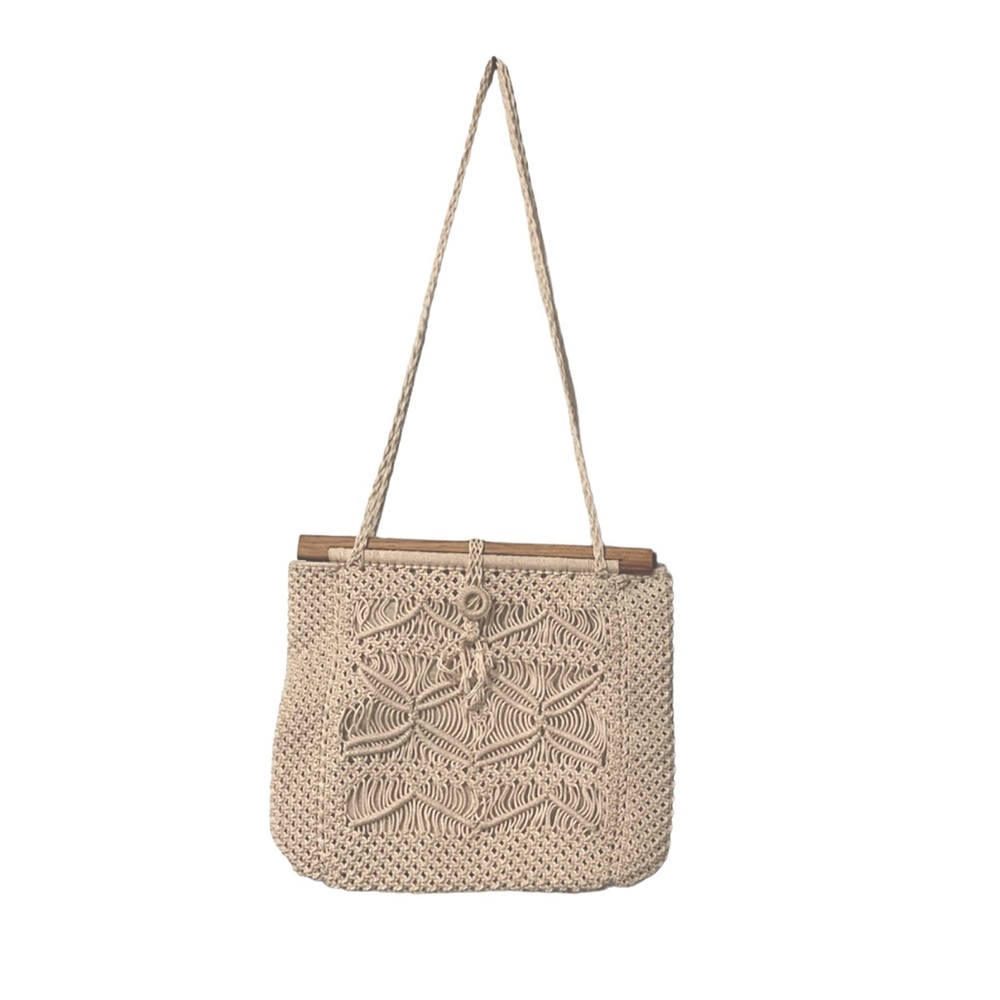 Vintage Macrame Wooden Shoulder Purse